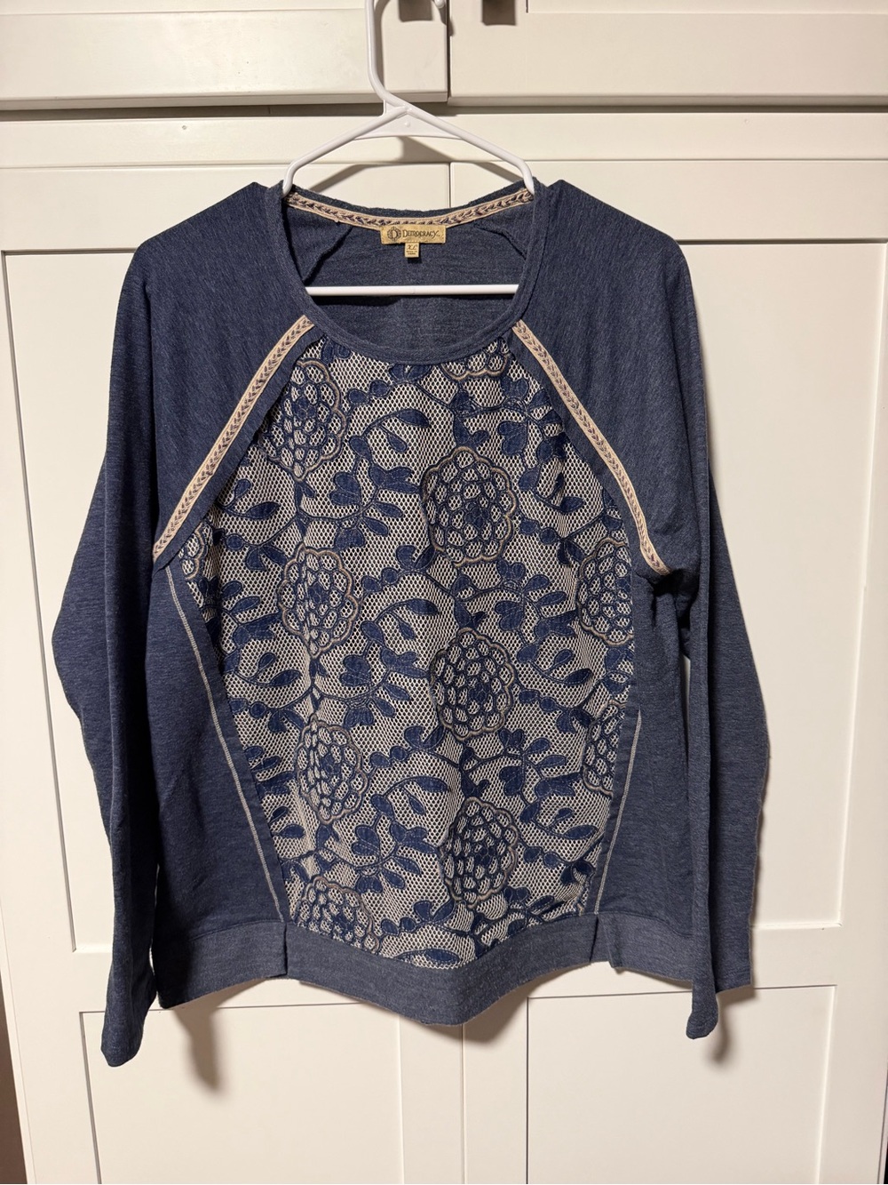 Democracy Blue and Cream Top with Cream